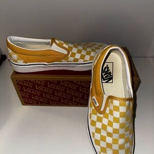 Vans Mustard and White Checkered Slip-Ons